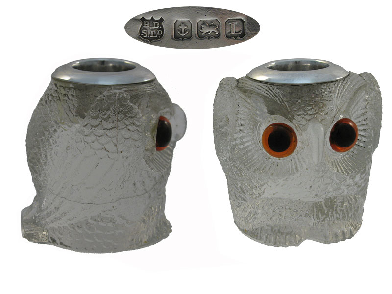 Silver Glass Owl Match Holder 1935